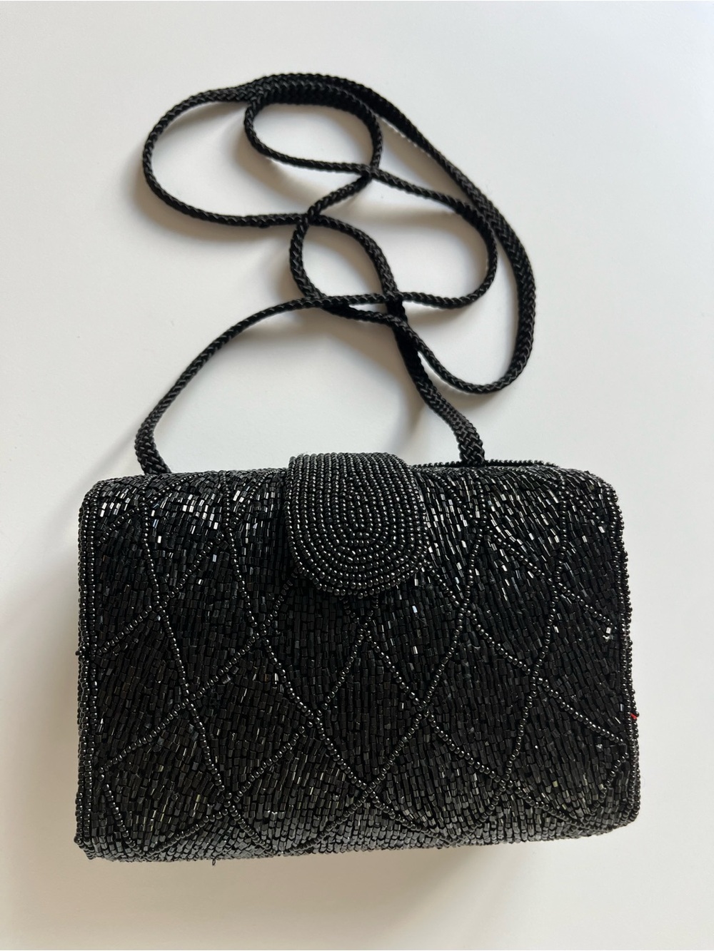 Vintage Black Glass Beaded Evening Bag Art Deco Clutch Crossbody Purse - Picture 9 of 9